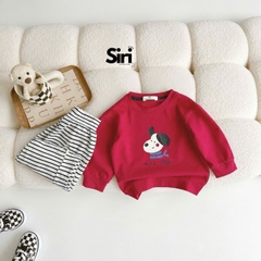 Set bộ dài tay thu đông thun cotton áo đỏ họa tiết cún nhỏ ấm áp kèm quần dài kẻ sọc size 9 tới 26kg BERNIE SIRI 6382BDK