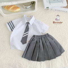 Set đồ sơ mi đồng phục đôi ngắn tay cho bé trai bé gái phối sọc kèm cà vạt đi học đi chơi 1đến 7t BERNIE 23B356