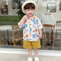 Set sơ mi tơ đũi cho bé trai đi biển đi chơi áo họa tiết hoa lá cây dừa nổi bật kèm quần BERNIE