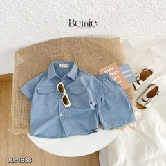Set sơ mi đũi ngắn tay phối chỉ nổi túi ngực cho bé trai kèm quần short đi chơi đi học 1đến 7t BERNIE 0124B38