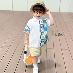 Set sơ mi họa tiết hoạt hình cho bé trai kèm quần short kaki ngắn đi chơi đi học 1 đến 7t BERNIE 0324B11