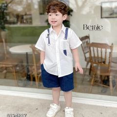 Set bộ sơ mi họa tiết gấu trúc ngắn tay cho bé trai kèm quần short jean size 1 đến 7 tuổi BERNIE 0124B17