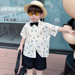 Set bộ quần áo set sơ mi công tử ngắn tay bé trai đính nơ rời mặc sinh nhật đi chơi đi tiệc 1 đến 7 tuổi BERNIE