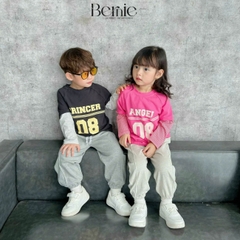 Set bộ thun dài tay cotton phối tay sọc in chữ số cho bé trai bé gái đi chơi đi học 1đến 7tuổi BERNIE 0524B35