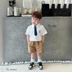 Set đồ sơ mi ngắn tay đồng phục đôi cho bé trai bé gái kèm cà vạt nơ đi học đi chơi 11 tới 28kg BERNIE 0724B41G