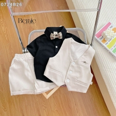 Set bộ vest gile công tử bé trai áo sơ mi tay ngắn màu đen phối gile kèm nơ 1 đến 7T BERNIE 0724B26