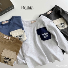 Áo thun cotton tay dài phối túi màu in chữ cho bé trai phong cách Hàn quốc 1đến 7tuổi BERNIE 0624A29