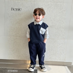 Set gilê kẻ 3 chi tiết áo sơ mi dài tay áo gi lê quần kaki cho né trai 1 đến 7 tuổi BERNIE 0724B40