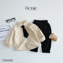 Set bộ sơ mi kẻ tay dài phối cà vạt kèm quần kaki dài cho bé trai 1 đến 7 tuổi BERNIE 0624B28