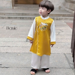 Áo dài cách tân bé trai mặc tết chất lụa in phối màu thêu hạc, màu đỏ màu vàng cho bé trai 10 đến 25kg BERNIE H1024B17