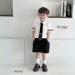 Set đồ bộ đi chơi bé trai BERNIE áo sơ mi trắng ngắn tay và cà vạt phối kẻ cho bé từ 9 đến 24kg.