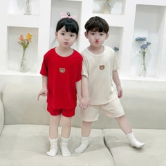 Đồ bộ unisex tay ngắn chất thun tăm cho bé trai bé gái họa tiết thêu gấu size từ 9 đến 24kg BERNIE H0125B14