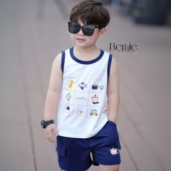 Set bộ ba lỗ cho bé trai áo thun ba lỗ in họa tiết kèm quần thun cotton 4 chiều 1 đến 7 tuổi BERNIE T0225B29