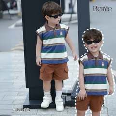 Set bộ polo kẻ ngang tanktop thêu gấu cho bé trai kèm quần short jean phong cách Hàn quốc 9 đến 28kg BERNIE H0125B35