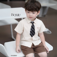 Set bộ sơ mi tay ngắn thêu gấu kèm cà vạt rời và quần short cho bé trai từ 9 đến 25kg BERNIE H0125B30