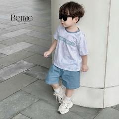 Set bộ loang tay ngắn cho bé trai họa tiết in chữ áo thun phối màu kèm quần short jean size 9 đến 28kg BERNIE H1124B83