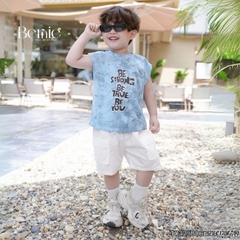 Set bộ tanktop cho bé trai áo thun họa tiết loang in chữ kèm quần short kaki size 9 đến 28kg BERNIE T0325B06
