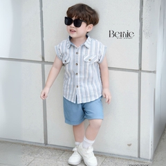 Set bộ tanktop cho bé trai áo sơ mi tanktop họa tiết kẻ xanh phối túi kèm quần short jean 9kg đến 28kg BERNIE P1224B01