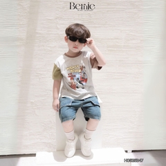 Set bộ tay ngắn phối màu họa tiết carnival kèm quần short jean cho bé trai 11kg tới 28kg BERNIE H0525B47