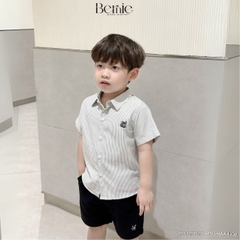 Set sơ mi ngắn tay kẻ sọc bé trai họa tiết thêu cáo kèm quần short cho bé từ 9kg tới 28kg BERNIE P0125B28