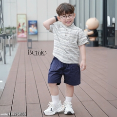  Set bộ sơ mi cổ trụ kẻ ngang phối túi viền kèm quần short kaki cho bé trai size 9 đến 28kg BERNIE H1124B65