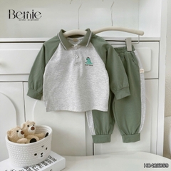 Set bộ polo tay dài raplang phối màu họa tiết thêu khủng long kèm quần dài cho bé trai size 1 đến 7 tuổi BERNIE H0425B59
