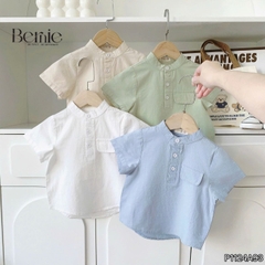Áo sơ mi cổ trụ cho bé trai tay ngắn phối túi ngực nhiều màu size 9 tới 28kg BERNIE P1124A93