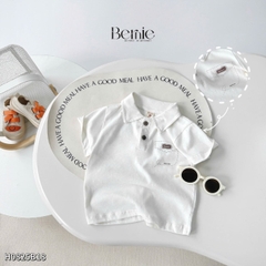 Set bộ polo tay ngắn màu trắng kem họa tiết in túi và chữ kèm quần short nâu cho bé trai 1 đến 7 tuổi BERNIE H0225B25