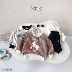 Set bộ nỉ tay dài kẻ sọc ngang phối màu họa tiết hình in cún dễ thương kèm quần dài unisex bé trai bé gái size 1 đến 7 tuổi BERNIE H0625B21