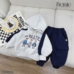Set bộ nỉ 2 da tay dài áo hoodie phối màu kèm mũ họa tiết kèm quần dài đi chơi đi học 1 đến 7 tuổi BERNIE H0725B24