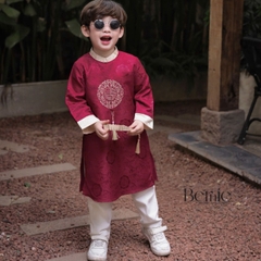 Set áo dài bé trai kèm quần chất lụa vân gỗ họa tiết thêu Hạc xuân mặc Tết size 9 đến 25kg BERNIE H0925B09