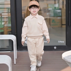 Set gilê kẻ 3 chi tiết áo sơ mi dài tay áo gi lê quần kaki cho né trai 1 đến 7 tuổi BERNIE 0724B40