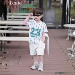 Set bộ thể thao tay ngắn họa tiết kẻ sọc số 23 cho bé trai kèm quần short size 9 tới 28kg BERNIE T1025B66Đ
