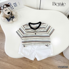 Set bộ kẻ ngang cho bé trai áo cotton tay ngắn đính tag kèm quần short kaki size 9kg tới 28kg BERNIE KIDS T1125B23