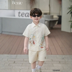 Set sơ mi ngắn tay đi biển cho bé trai bé gái họa tiết Tiny kèm quần short kaki size 9 tới 25kg BERNIE H1025B57