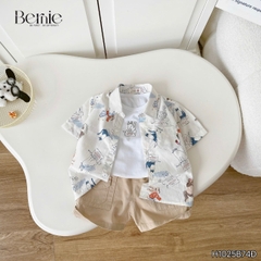  Set sơ mi 3 chi tiết tay ngắn cho bé trai họa tiết Mèo Khám Phá kèm quần short kaki size 9 tới 28kg BERNIE H1025B74Đ