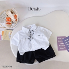 Set bộ tay ngắn cho bé trai áo sơ mi trắng kèm quần short jean phong cách Little Boss size 9 tới 28kg BERNIE T1025B67Đ 