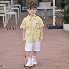  Set bộ sơ mi tay ngắn cho bé trai họa tiết kẻ vàng Happy Star kèm quần short kaki size 11 đến 28kg BERNIE H1225B25
