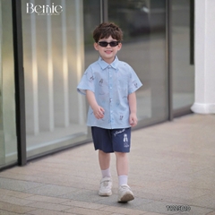 Set bộ sơ mi tay ngắn họa tiết in tràn cún Puppy kèm quần short cho bé trai size 11 tới 28kg BERNIE T1225B10