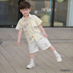 Set bộ sơ mi bé trai đi chơi đi biển áo tay ngắn họa tiết Papa Cat kèm quần short 11 tới 28kg BERNIE H1225B28