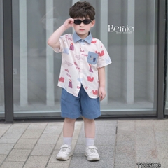 Set bộ đi chơi tay ngắn áo sơ mi họa tiết in tràn Idol cho bé trai kèm quần short denim size 11 đến 28kg BERNIE T1255B13