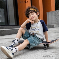 Set bộ tay ngắn raplang phối màu áo thun họa tiết Tomorrow và quần short jean bé trai 1 đến 7 tuổi BERNIE H0725B19