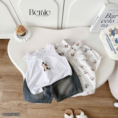  Set sơ mi 3 chi tiết áo tay ngắn họa tiết in tràn Cún áo ba lỗ kèm quần short kaki cho bé trai 9 tới 28kg BERNIE H1225B38
