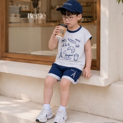 Set bộ cho bé trai áo tanktop họa tiết Bonjour phối màu kèm quần short size 9 tới 28kg BERNIE H0226B29