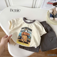 Set bộ tay ngắn áo thun họa tiết Happy Worker kèm quần short kaki cho bé trai size 9 đến 28kg BERNIE H0326B35