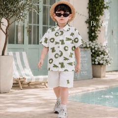 Set bộ sơ mi tay ngắn cho bé trai họa tiết cá sấu vui nhộn kèm quần short kaki size 11kg tới 28kg BERNIE H0226B01