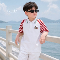 Set polo thêu ngựa áo tay ngắn raplang kẻ sọc kèm quần short kaki cho bé trai size 11 đến 28kg BERNIE H0226B35