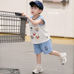 Set bộ bé trai áo thun tanktop họa tiết 5 Chú cún Cute kèm quần short denim size 9 đến 25kg BERNIE T0226B11