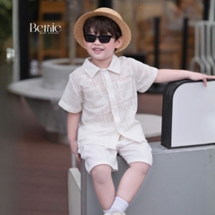 Set bộ sơ mi tay ngắn áo ren kèm quần short đũi trắng cho bé trai đi chơi đi biển size 9 tới 27kg BERNIE T0326B07