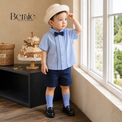 Set sơ mi bé trai công tử màu xanh trắng có nơ mặc thôi nôi sinh nhật sự kiện 1 đến 7 tuổi BERNIE H0725B73